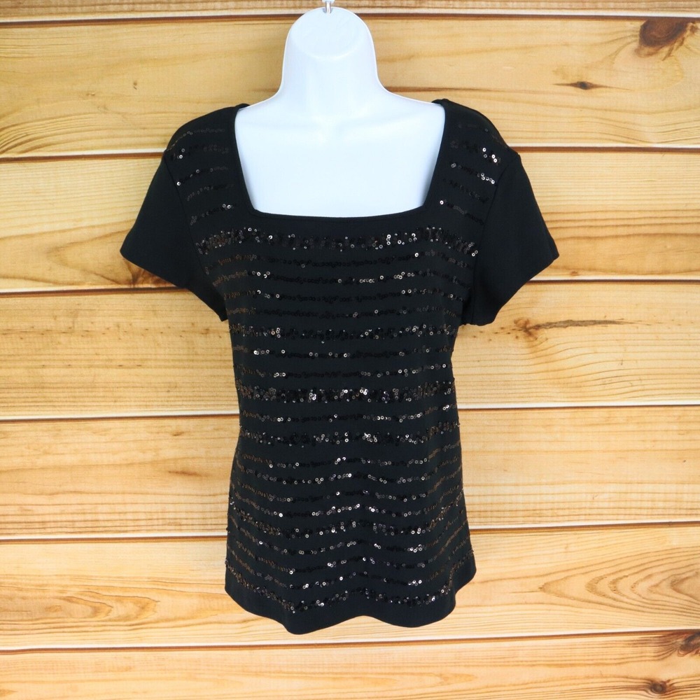 Rafaella Blouse Square Neck Womens XL Black Sequins Stretch‎ Cotton Short Sleeve